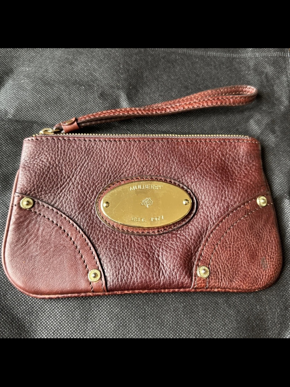 Mulberry Brown Leather Wristlet with Gold Oval Plaque